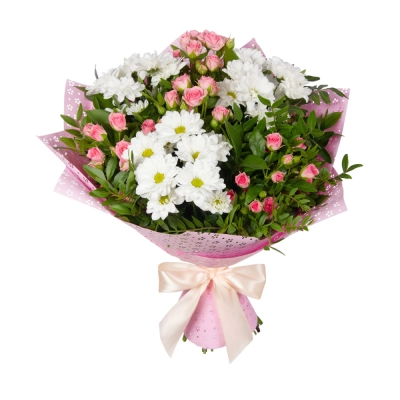 Букет «Волшебный сад» – гармония кустовых роз и белоснежных хризантем Вытегра Вологодская область