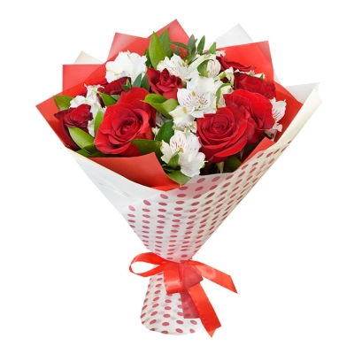Букет из красных роз и белоснежных альстромерий – гармония страсти и нежности Вытегра Вологодская область