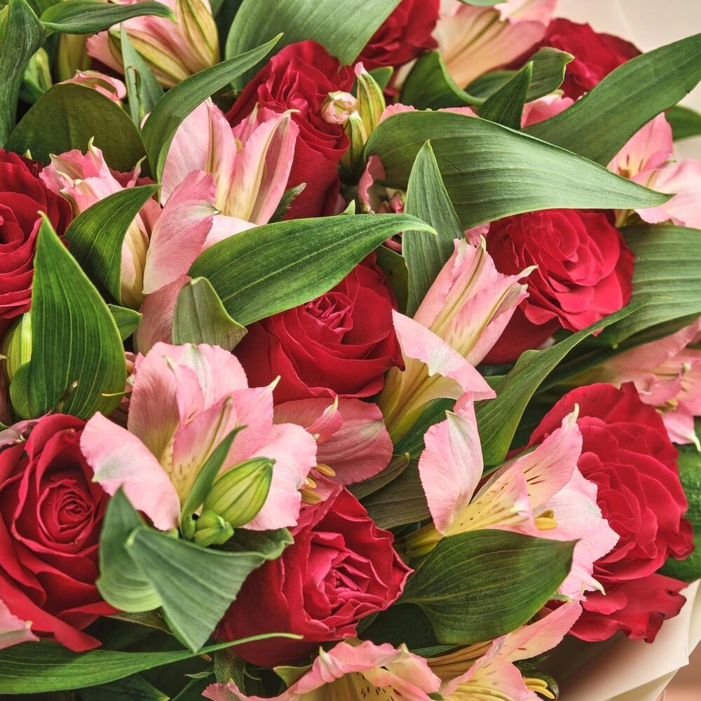Букет «Нежность слов» — гармония красных роз и нежных альстромерий Вытегра Вологодская область