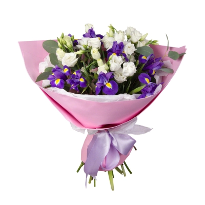 Букет «Подарок» – элегантная композиция из ирисов, эустом и эвкалипта Вытегра Вологодская область