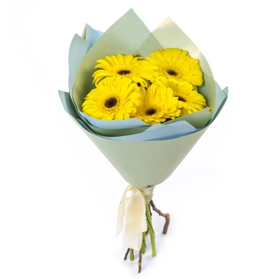 Яркий букет из 5 жёлтых гербер – как кусочек солнца в ваших руках Вытегра Вологодская область