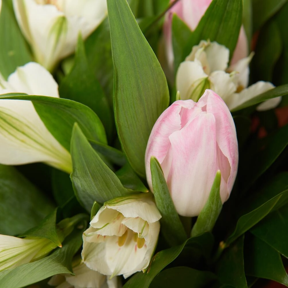 Букет «Первое свидание» розовых тюльпанов и белых альстромерий Вытегра Вологодская область