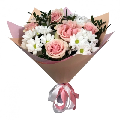 Букет из розовых роз и хризантем – нежность и долговечность Вытегра Вологодская область