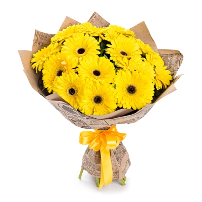 Пышный букет из 15 жёлтых гербер – как луч солнца в ваших руках Вытегра Вологодская область